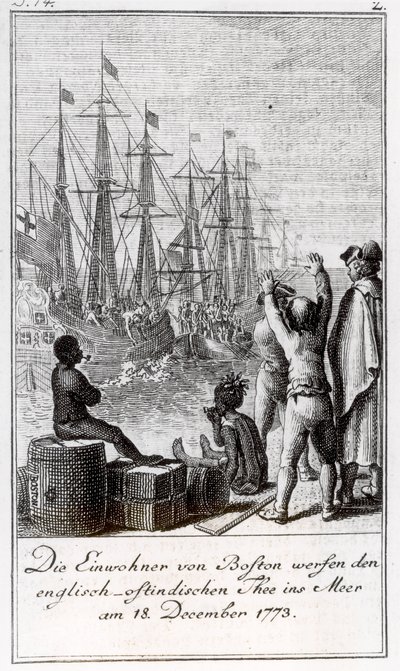 De Inwoners van Boston Gooien Engelse-Oost-Indische Thee in de Zee, 18 december 1773 door German School
